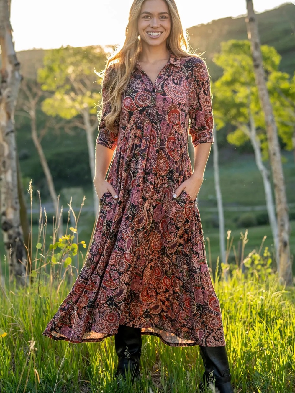 Natural Life Rebecca "ButterSoft" Midi Dress Black Sketched Paisley NEW Small